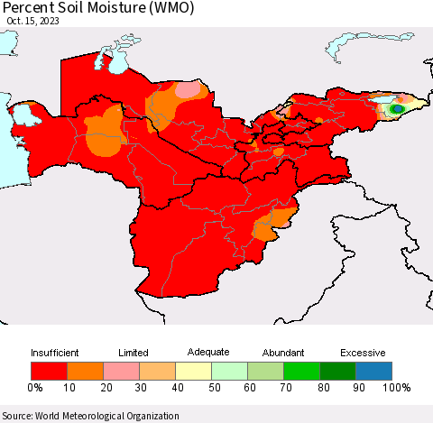 Central Asia Percent Soil Moisture (WMO) Thematic Map For 10/9/2023 - 10/15/2023