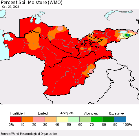 Central Asia Percent Soil Moisture (WMO) Thematic Map For 10/16/2023 - 10/22/2023