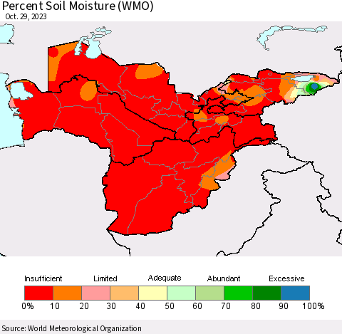Central Asia Percent Soil Moisture (WMO) Thematic Map For 10/23/2023 - 10/29/2023