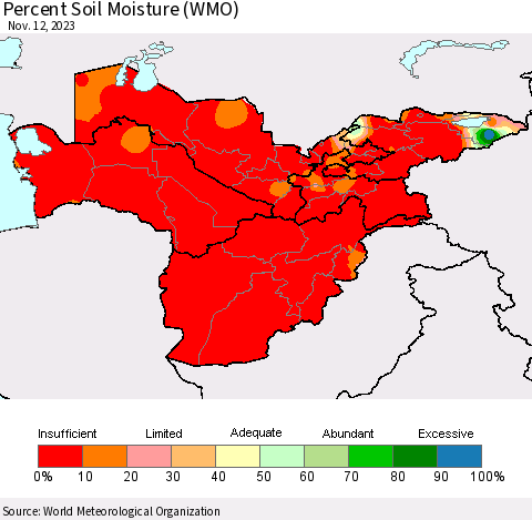 Central Asia Percent Soil Moisture (WMO) Thematic Map For 11/6/2023 - 11/12/2023