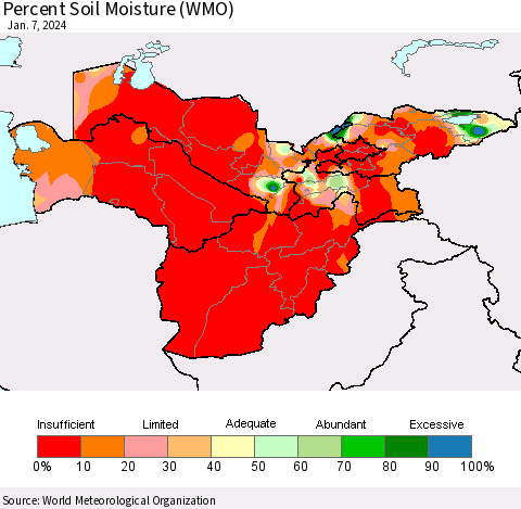 Central Asia Percent Soil Moisture (WMO) Thematic Map For 1/1/2024 - 1/7/2024