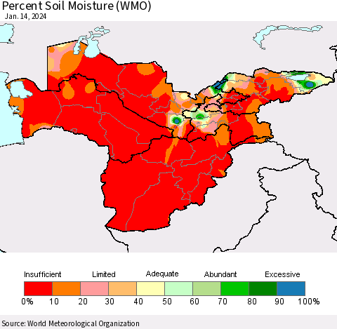 Central Asia Percent Soil Moisture (WMO) Thematic Map For 1/8/2024 - 1/14/2024
