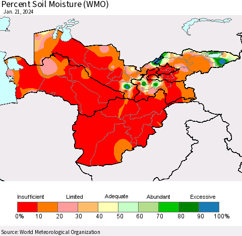 Central Asia Percent Soil Moisture (WMO) Thematic Map For 1/15/2024 - 1/21/2024