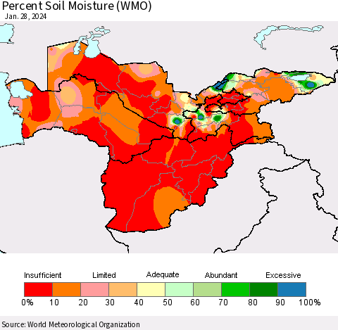 Central Asia Percent Soil Moisture (WMO) Thematic Map For 1/22/2024 - 1/28/2024