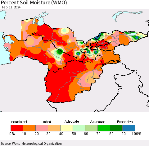 Central Asia Percent Soil Moisture (WMO) Thematic Map For 2/5/2024 - 2/11/2024