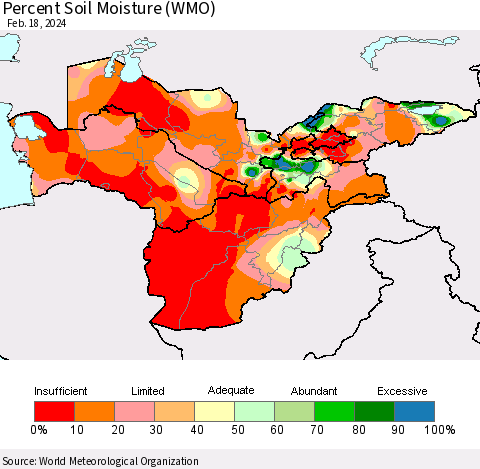 Central Asia Percent Soil Moisture (WMO) Thematic Map For 2/12/2024 - 2/18/2024