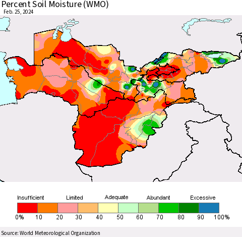 Central Asia Percent Soil Moisture (WMO) Thematic Map For 2/19/2024 - 2/25/2024