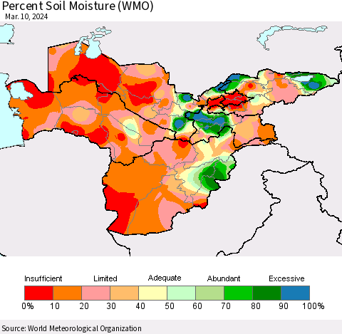 Central Asia Percent Soil Moisture (WMO) Thematic Map For 3/4/2024 - 3/10/2024