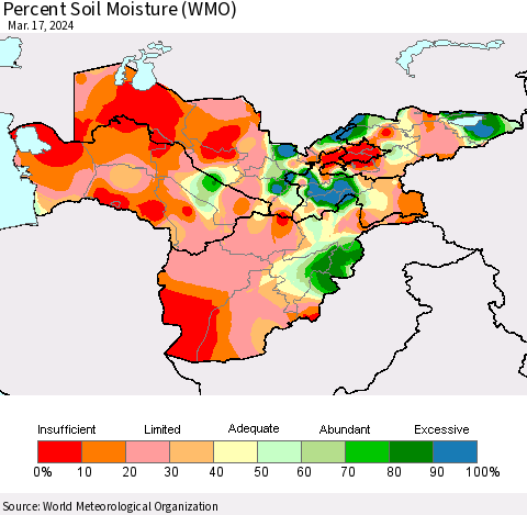 Central Asia Percent Soil Moisture (WMO) Thematic Map For 3/11/2024 - 3/17/2024