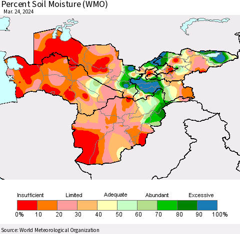 Central Asia Percent Soil Moisture (WMO) Thematic Map For 3/18/2024 - 3/24/2024