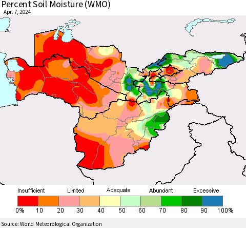 Central Asia Percent Soil Moisture (WMO) Thematic Map For 4/1/2024 - 4/7/2024