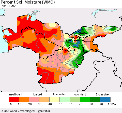 Central Asia Percent Soil Moisture (WMO) Thematic Map For 4/8/2024 - 4/14/2024