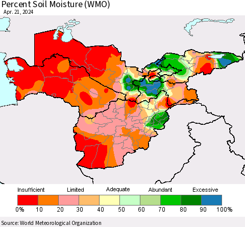 Central Asia Percent Soil Moisture (WMO) Thematic Map For 4/15/2024 - 4/21/2024