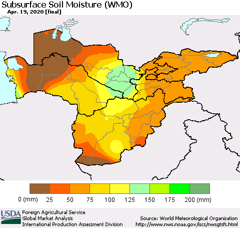 Central Asia Subsurface Soil Moisture (WMO) Thematic Map For 4/13/2020 - 4/19/2020