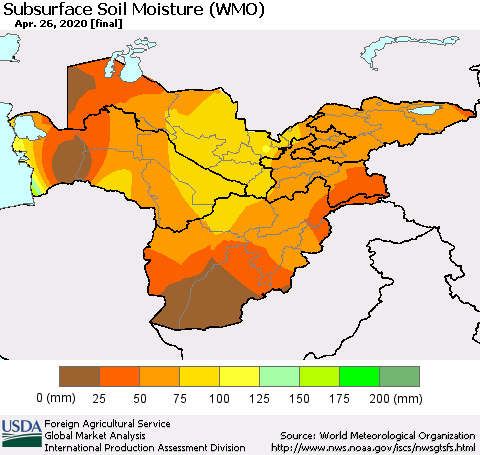 Central Asia Subsurface Soil Moisture (WMO) Thematic Map For 4/20/2020 - 4/26/2020