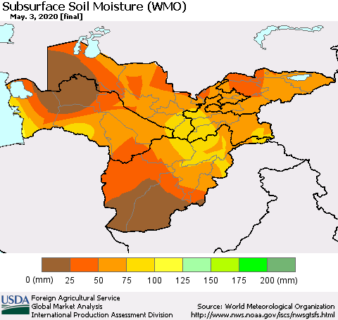 Central Asia Subsurface Soil Moisture (WMO) Thematic Map For 4/27/2020 - 5/3/2020