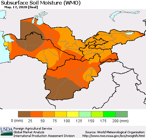 Central Asia Subsurface Soil Moisture (WMO) Thematic Map For 5/11/2020 - 5/17/2020