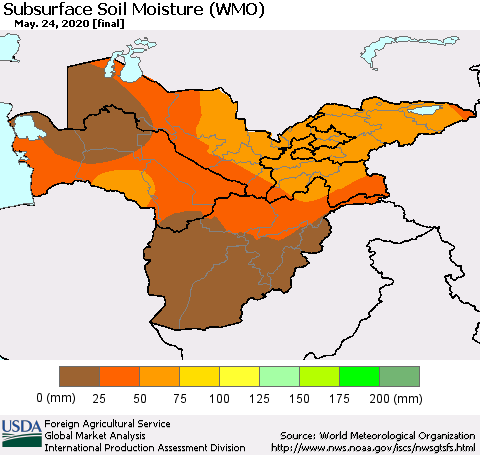 Central Asia Subsurface Soil Moisture (WMO) Thematic Map For 5/18/2020 - 5/24/2020