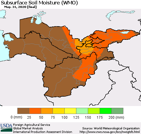 Central Asia Subsurface Soil Moisture (WMO) Thematic Map For 5/25/2020 - 5/31/2020