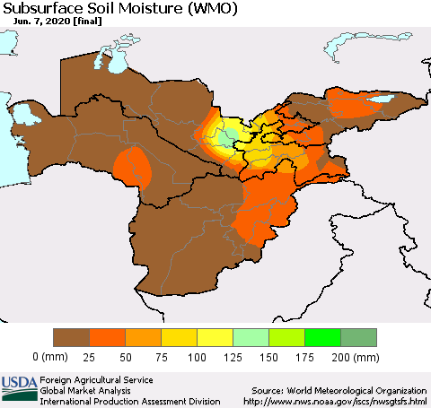 Central Asia Subsurface Soil Moisture (WMO) Thematic Map For 6/1/2020 - 6/7/2020