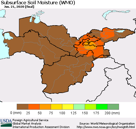 Central Asia Subsurface Soil Moisture (WMO) Thematic Map For 6/15/2020 - 6/21/2020
