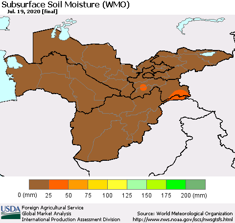 Central Asia Subsurface Soil Moisture (WMO) Thematic Map For 7/13/2020 - 7/19/2020