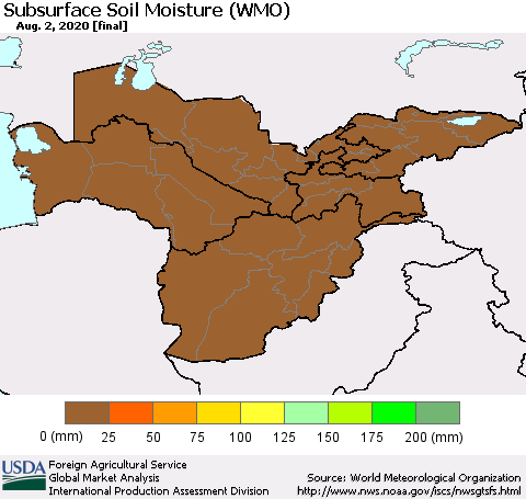 Central Asia Subsurface Soil Moisture (WMO) Thematic Map For 7/27/2020 - 8/2/2020