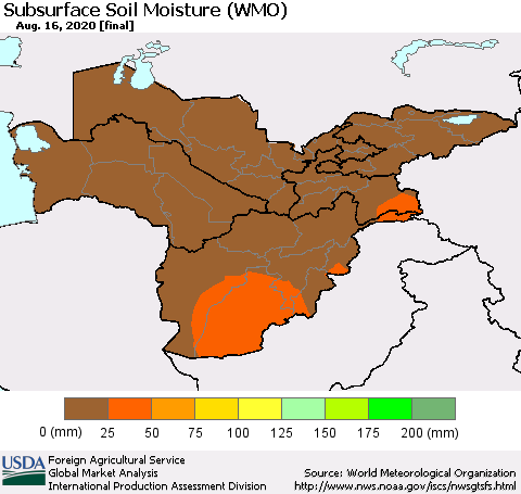 Central Asia Subsurface Soil Moisture (WMO) Thematic Map For 8/10/2020 - 8/16/2020