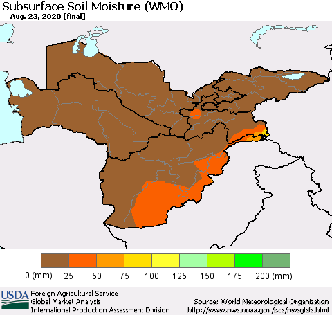 Central Asia Subsurface Soil Moisture (WMO) Thematic Map For 8/17/2020 - 8/23/2020