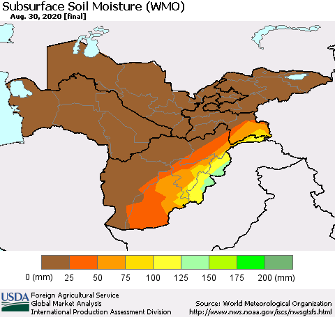 Central Asia Subsurface Soil Moisture (WMO) Thematic Map For 8/24/2020 - 8/30/2020