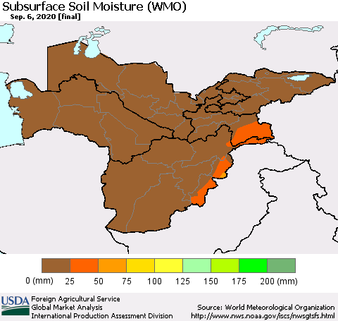 Central Asia Subsurface Soil Moisture (WMO) Thematic Map For 8/31/2020 - 9/6/2020