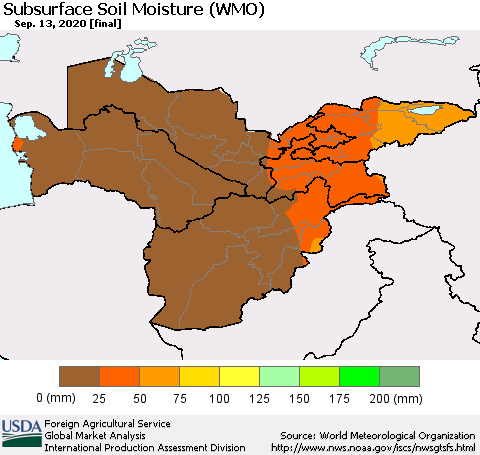 Central Asia Subsurface Soil Moisture (WMO) Thematic Map For 9/7/2020 - 9/13/2020