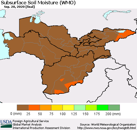Central Asia Subsurface Soil Moisture (WMO) Thematic Map For 9/14/2020 - 9/20/2020