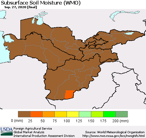 Central Asia Subsurface Soil Moisture (WMO) Thematic Map For 9/21/2020 - 9/27/2020