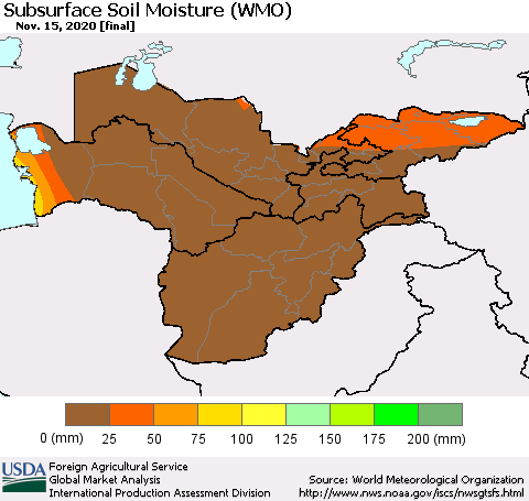 Central Asia Subsurface Soil Moisture (WMO) Thematic Map For 11/9/2020 - 11/15/2020