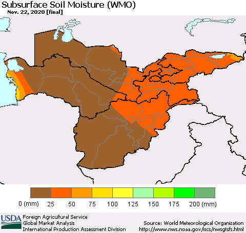 Central Asia Subsurface Soil Moisture (WMO) Thematic Map For 11/16/2020 - 11/22/2020