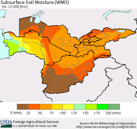 Central Asia Subsurface Soil Moisture (WMO) Thematic Map For 12/7/2020 - 12/13/2020