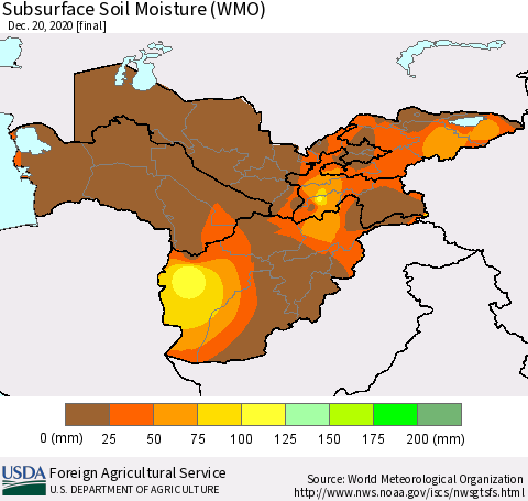 Central Asia Subsurface Soil Moisture (WMO) Thematic Map For 12/14/2020 - 12/20/2020