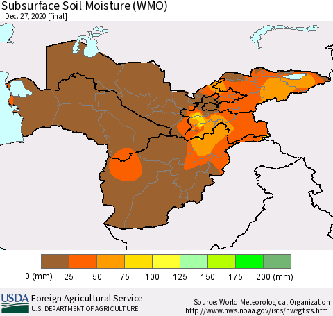 Central Asia Subsurface Soil Moisture (WMO) Thematic Map For 12/21/2020 - 12/27/2020