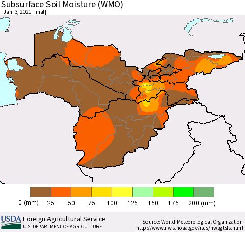 Central Asia Subsurface Soil Moisture (WMO) Thematic Map For 12/28/2020 - 1/3/2021
