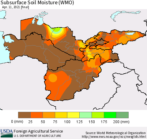 Central Asia Subsurface Soil Moisture (WMO) Thematic Map For 4/5/2021 - 4/11/2021