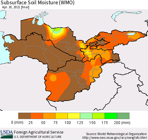 Central Asia Subsurface Soil Moisture (WMO) Thematic Map For 4/12/2021 - 4/18/2021
