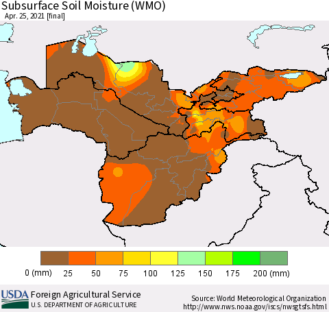 Central Asia Subsurface Soil Moisture (WMO) Thematic Map For 4/19/2021 - 4/25/2021