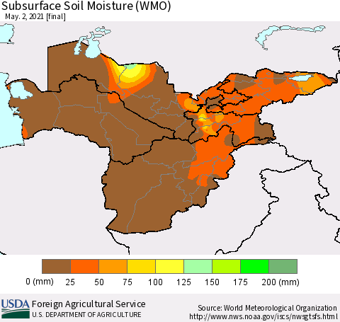 Central Asia Subsurface Soil Moisture (WMO) Thematic Map For 4/26/2021 - 5/2/2021