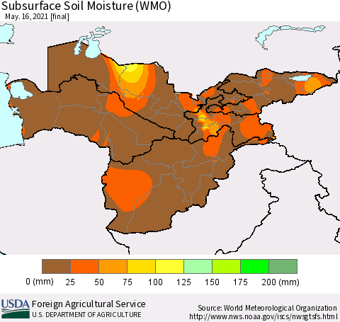 Central Asia Subsurface Soil Moisture (WMO) Thematic Map For 5/10/2021 - 5/16/2021