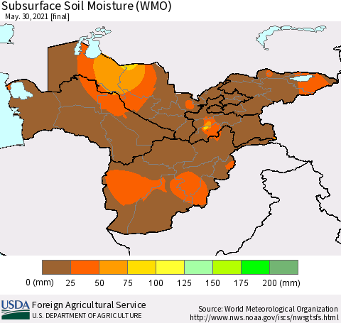 Central Asia Subsurface Soil Moisture (WMO) Thematic Map For 5/24/2021 - 5/30/2021