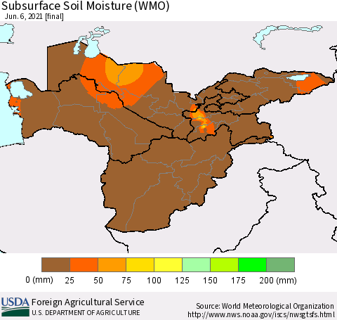 Central Asia Subsurface Soil Moisture (WMO) Thematic Map For 5/31/2021 - 6/6/2021