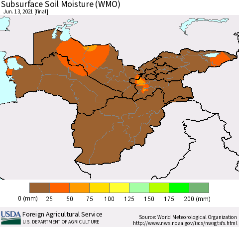 Central Asia Subsurface Soil Moisture (WMO) Thematic Map For 6/7/2021 - 6/13/2021