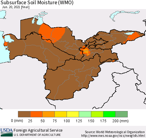 Central Asia Subsurface Soil Moisture (WMO) Thematic Map For 6/14/2021 - 6/20/2021