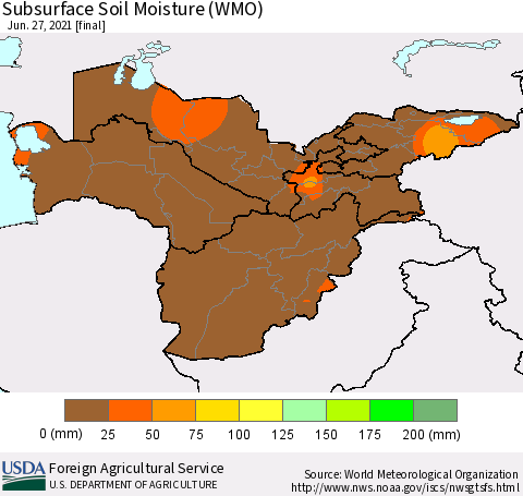 Central Asia Subsurface Soil Moisture (WMO) Thematic Map For 6/21/2021 - 6/27/2021